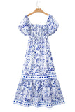 Blue Multi Floral Print Square Neck Bubble Sleeve High Waist Maxi Dress