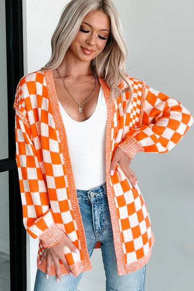 Black Checkered Open Front Drop Shoulder Cardigan