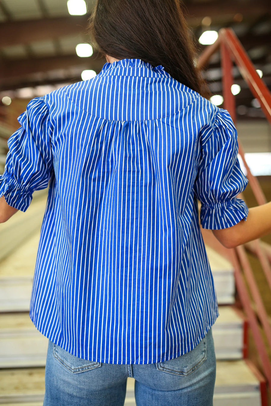 Striped Frill Neck Ruffled Short Puff Sleeve Button-Up Blouse- 2 Colors