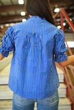 Striped Frill Neck Ruffled Short Puff Sleeve Button-Up Blouse- 2 Colors