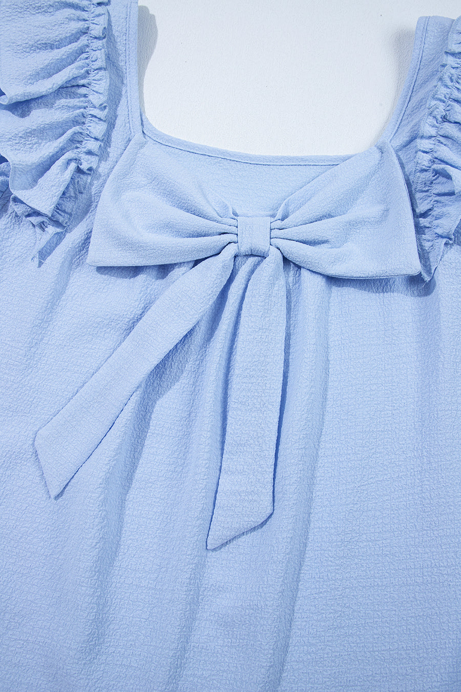 Textured Bow Frilled Ruffle Sleeve Blouse- Light Blue