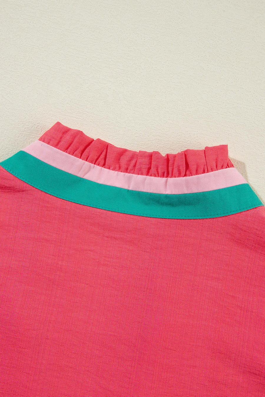 Puff Sleeve Color Block Frill V-Neck Blouse