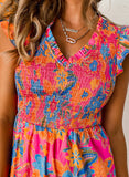 Neon Pink Floral Frill V-Neck Smocked Peplum Blouse