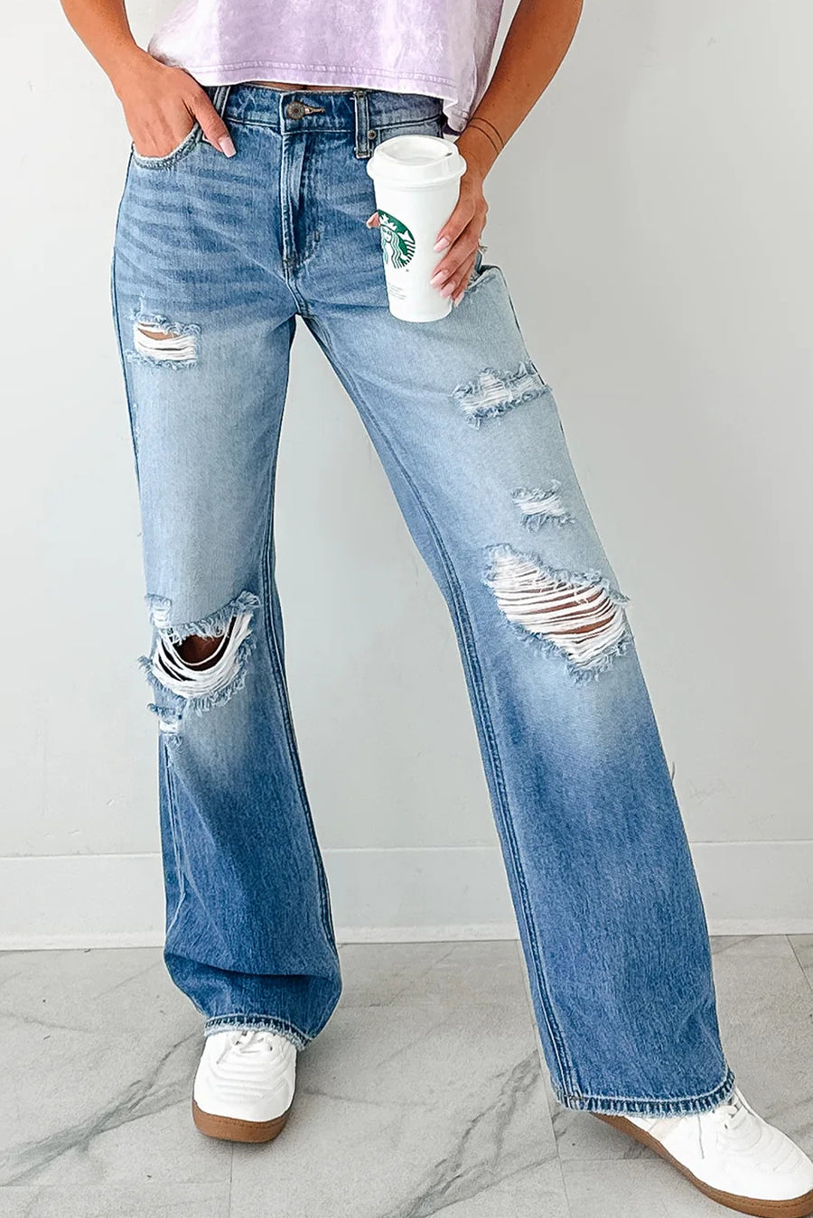 Medium Blue Mid-Rise Distressed Straight Leg Jeans