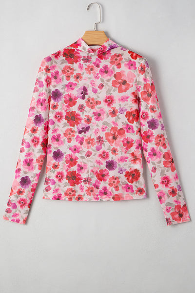 Red Floral Print Long Sleeve Slim Fit Mesh Top