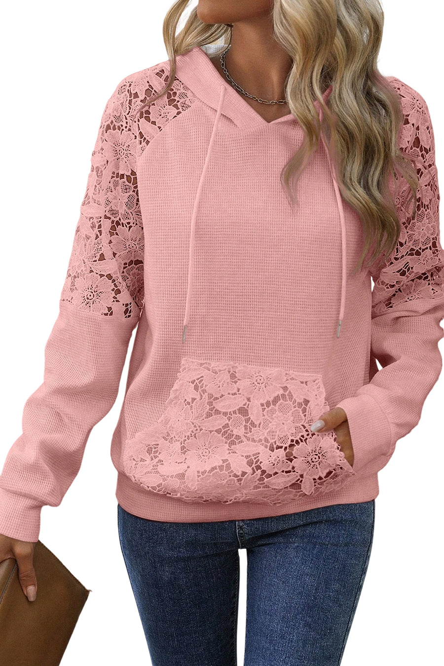 Lace Patchwork Raglan Sleeve Waffle Knit Hoodie with Pockets- 2 Colors