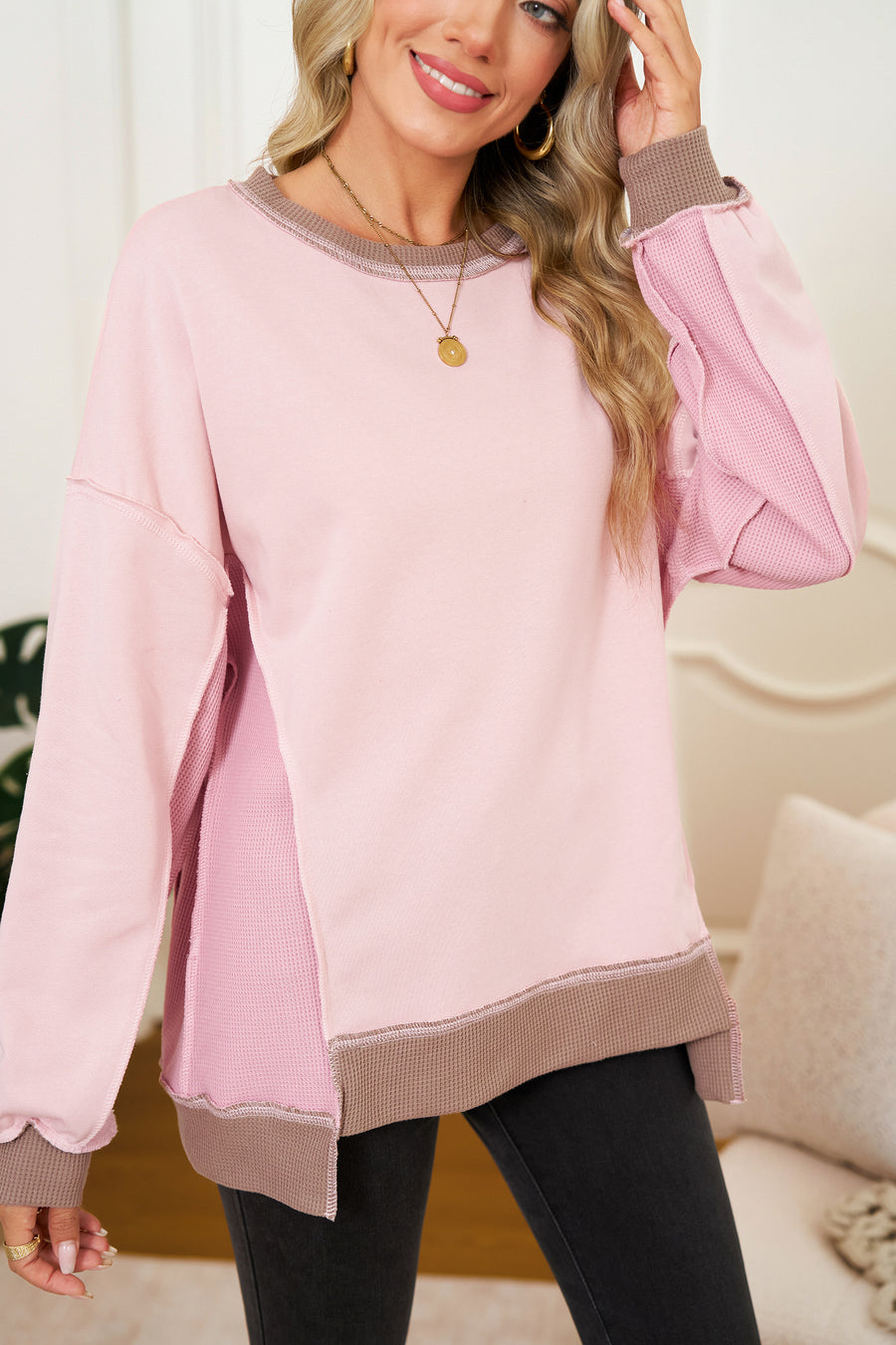Color Block Waffle Knit Patchwork Oversized Sweatshirt- 3 Colors