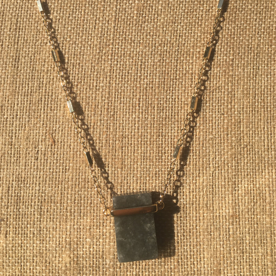 Gold Tone Natural Stone Pendant Necklace- Gray