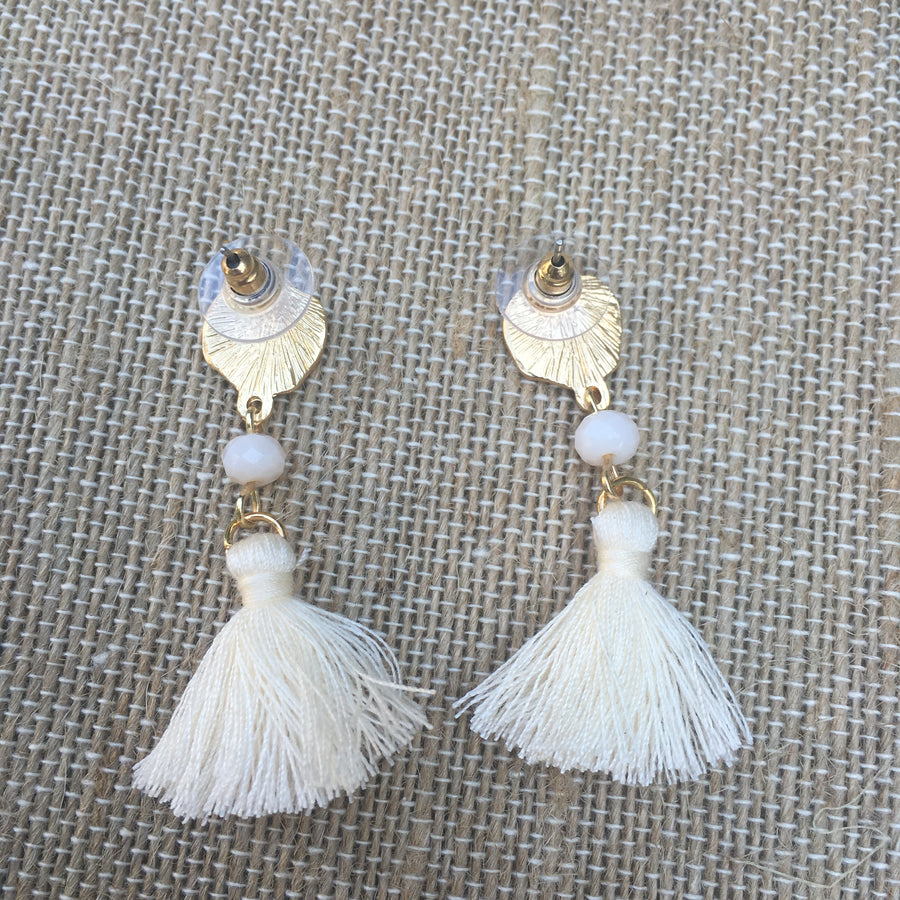 Matte Gold Tone Bead & Tassel Drop Earrings- Ivory