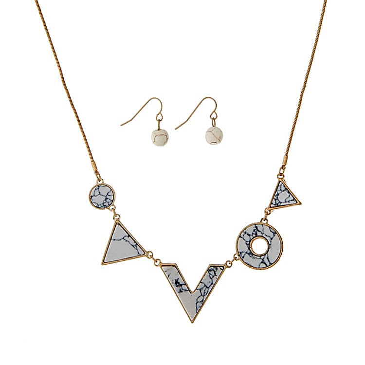 Gold Tone Geometric Necklace Set- Howlite