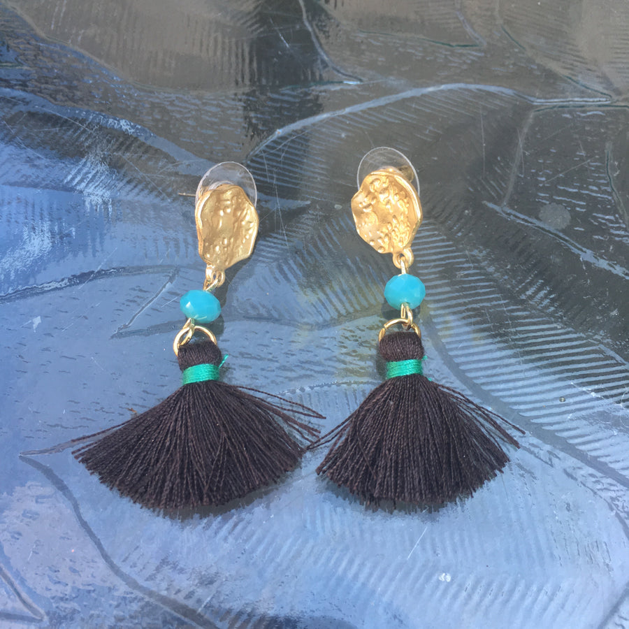 Matte Gold Tone Bead & Tassel Drop Earrings- Brown & Turquoise