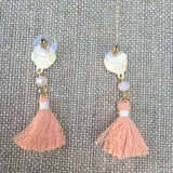 Matte Gold Tone Bead & Tassel Drop Earrings- Peach & Cream