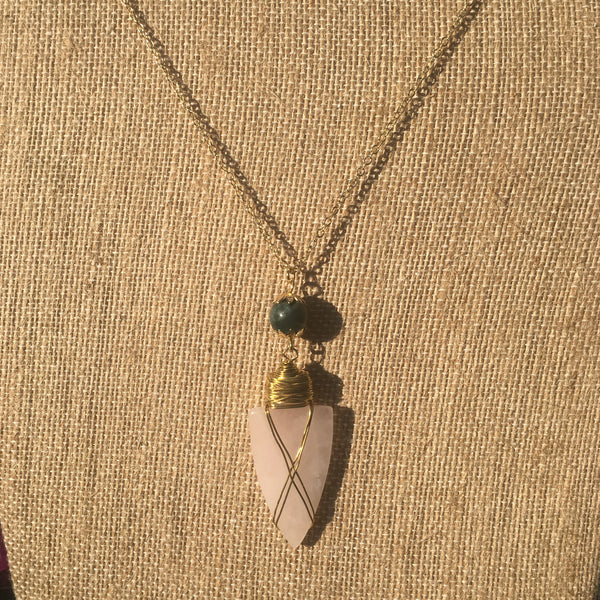 Gold Tone Bead & Wire-Wrapped Arrowhead Pendant Necklace- Rose Quartz