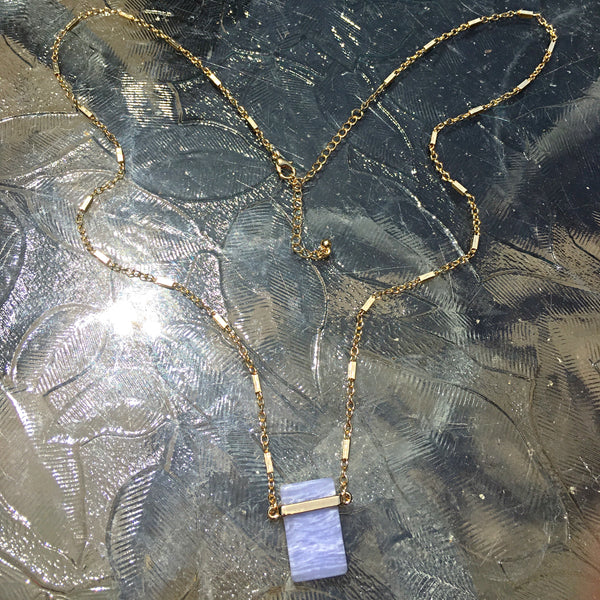 Gold Tone Natural Stone Pendant Necklace- Blue