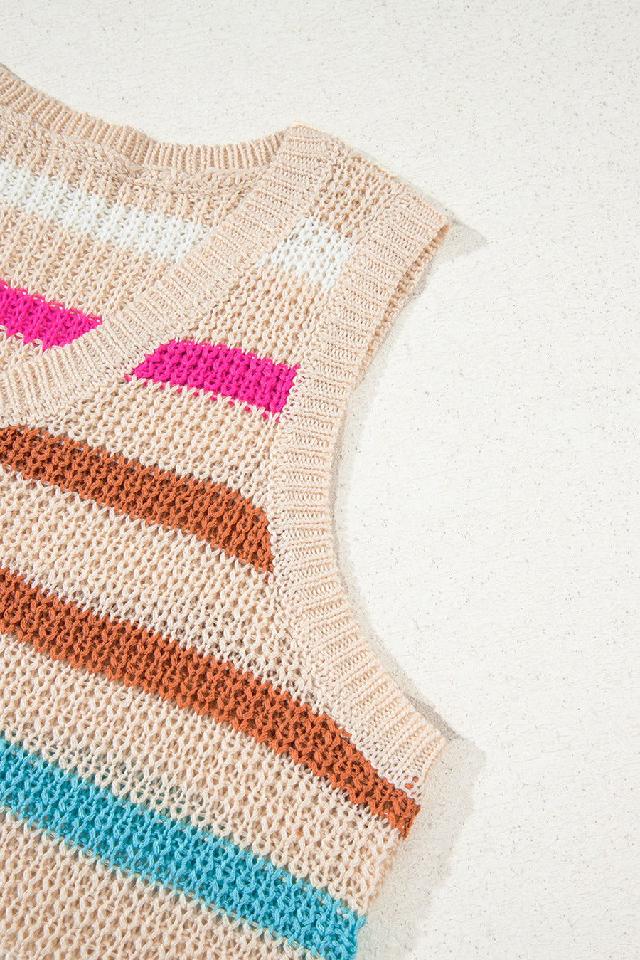 Khaki Striped V-Neck Textured Knit Vest
