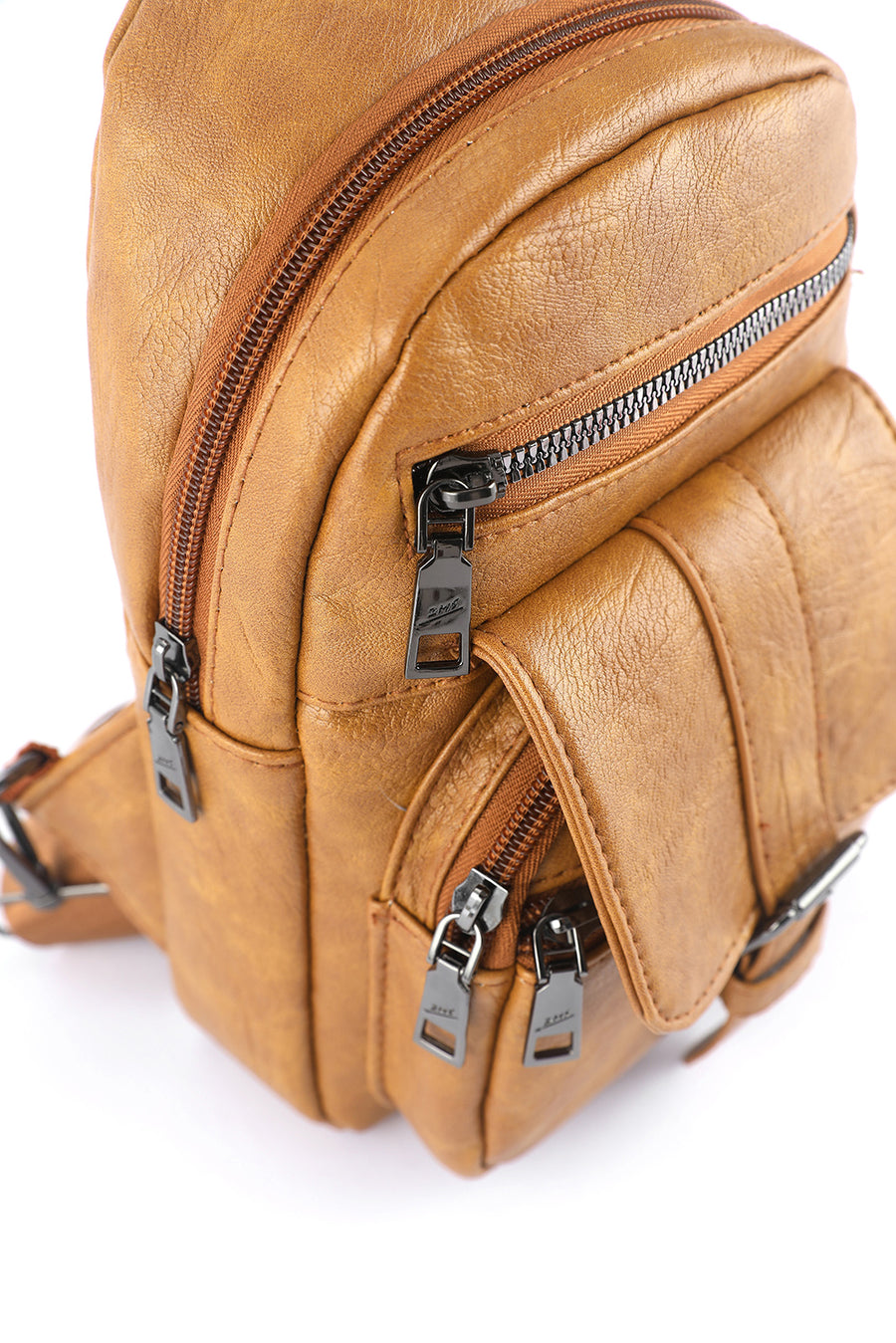 Khaki Vintage Zipper Multi Pockets PU Sling Bag