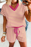 Striped Contrast Trim V-Neck T-Shirt and Drawstring Elastic Waist Shorts Set- 4 Colors