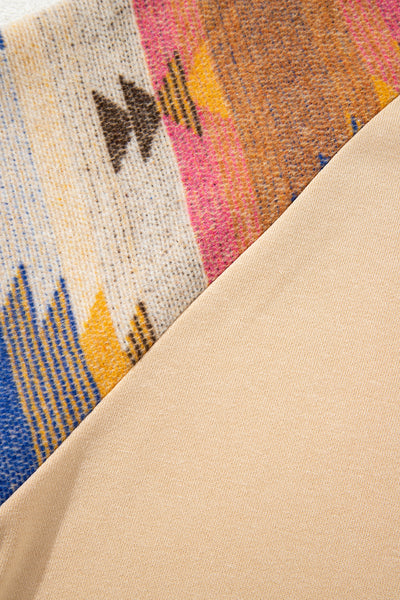 Light French Beige Geometric Patchwork Raglan Sleeve Pullover Sweatshirt