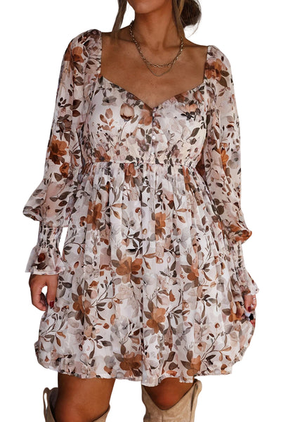 White Floral Print Sweetheart Neck High Waist Mini Dress