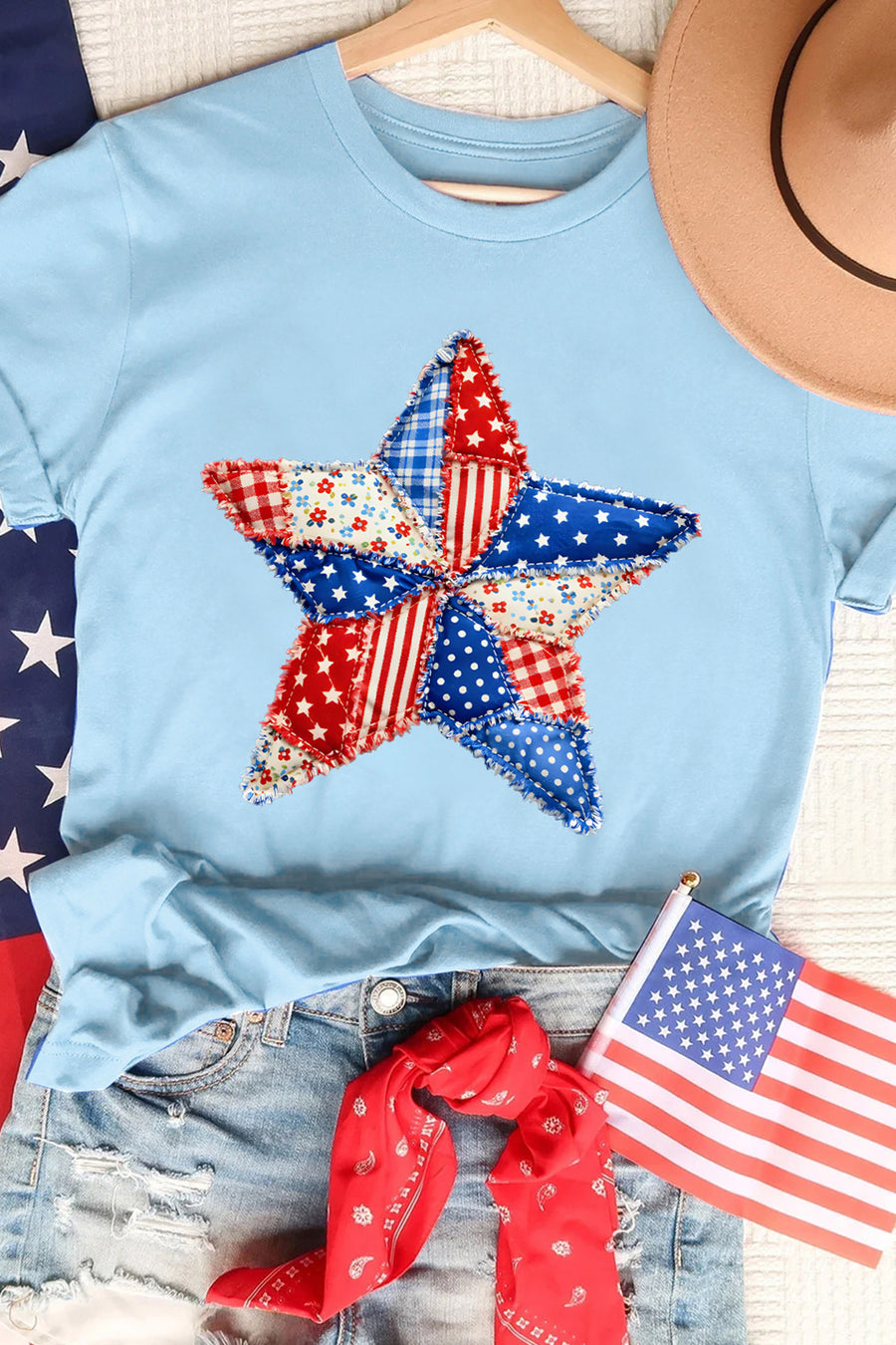 Light Blue Faux Patchwork American Star Graphic T-Shirt