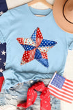 Light Blue Faux Patchwork American Star Graphic T-Shirt