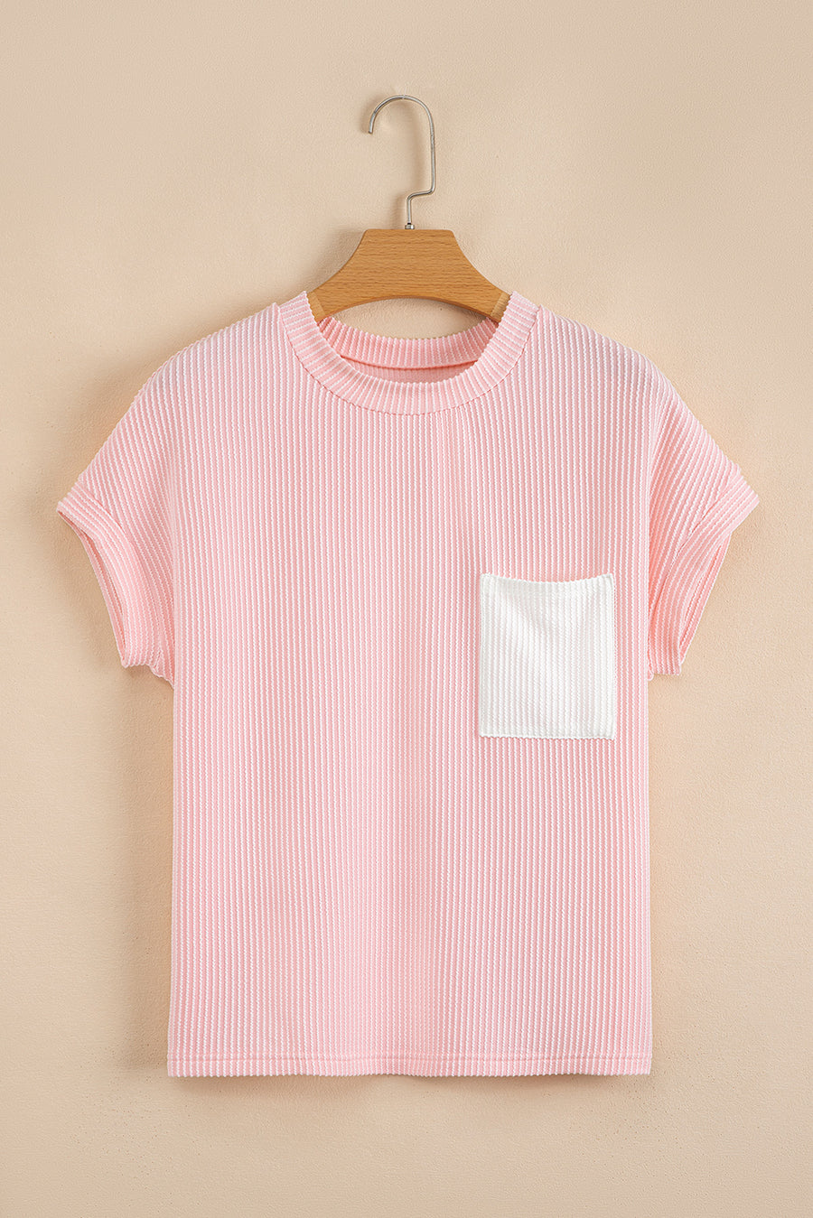Twist Ribbed Color Block Pocket Crew Neck T-Shirt- 4 Colors