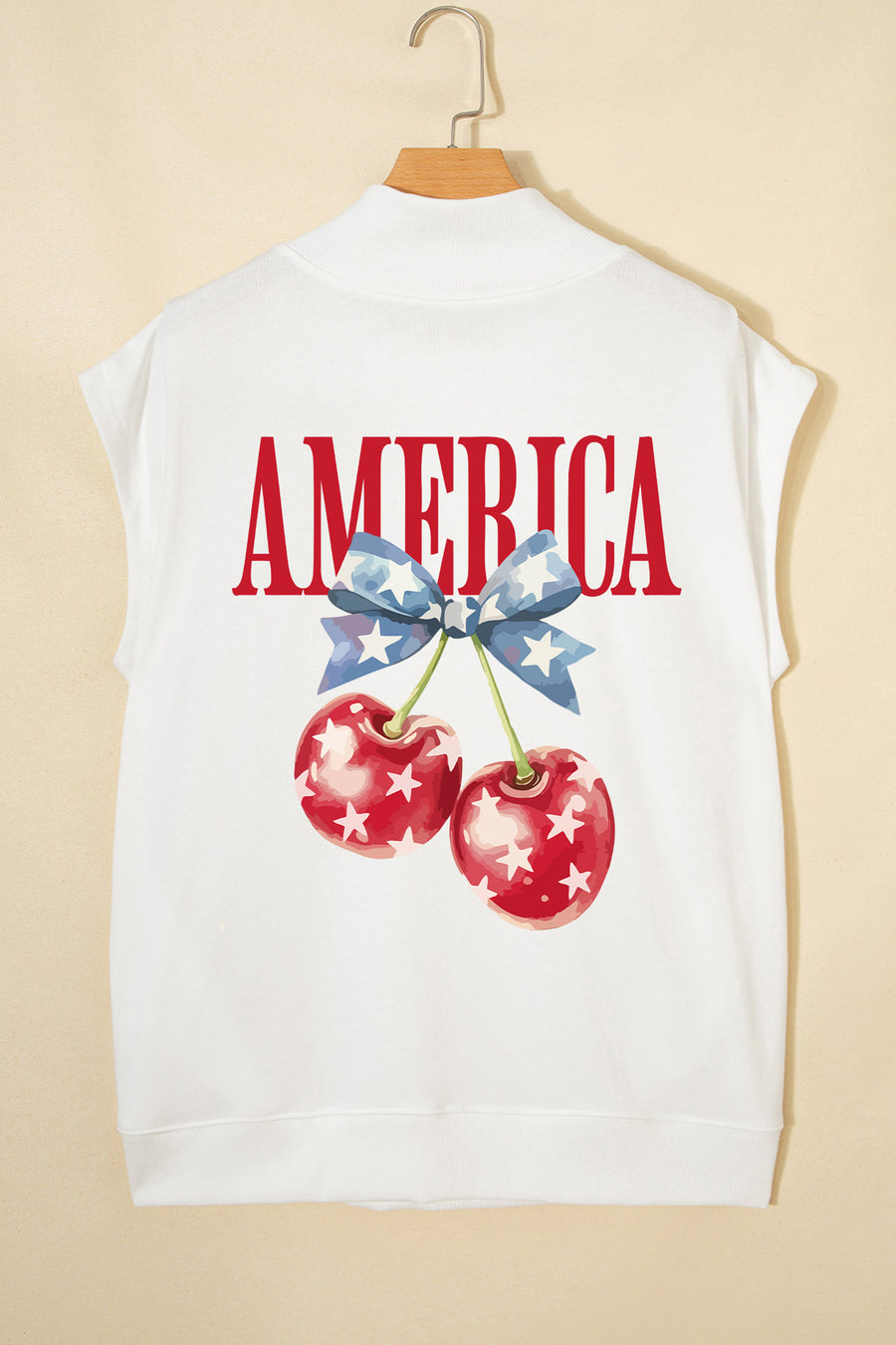 White Mock Neck Short Sleeve American Print Cherries Graphic T-Shirt