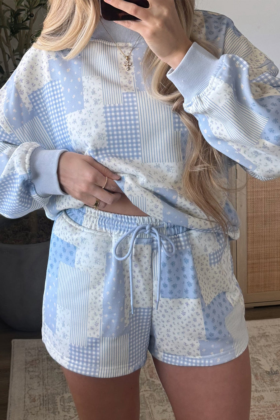 Sky Blue Patchwork Floral Print Long Sleeve Two Piece Set Casual Loose Fit Pantsuit