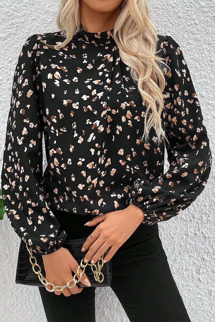 Leopard Print Mock Neck Long Sleeve Pleated Blouse- 2 Colors