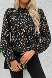 Leopard Print Mock Neck Long Sleeve Pleated Blouse- 2 Colors