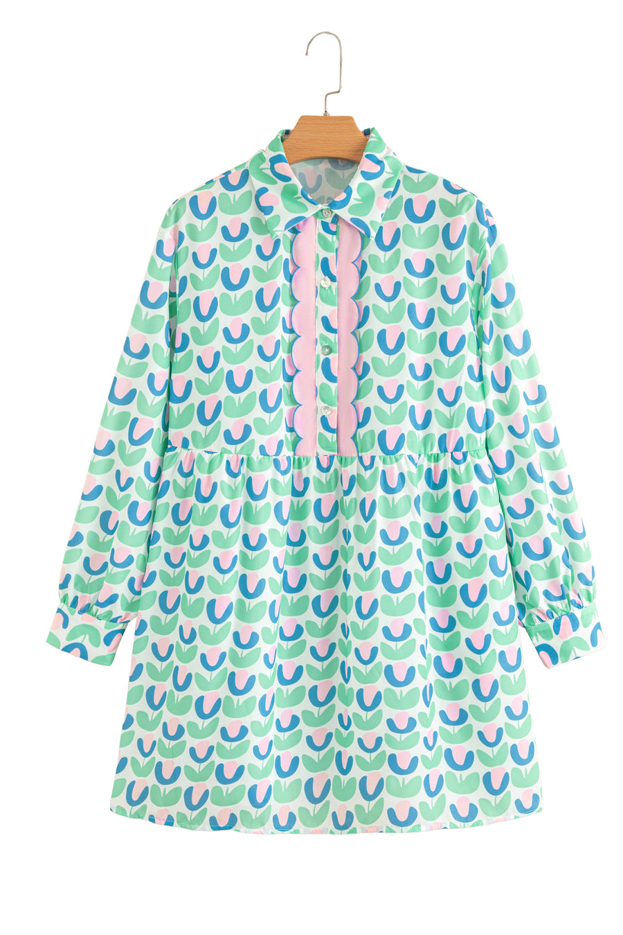 Mint Floral Print Scallop Trim Long Sleeve Mini Dress with Pockets