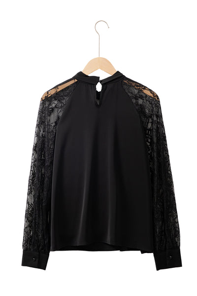 Black Keyhole Lace Splicing Raglan Sleeve Blouse