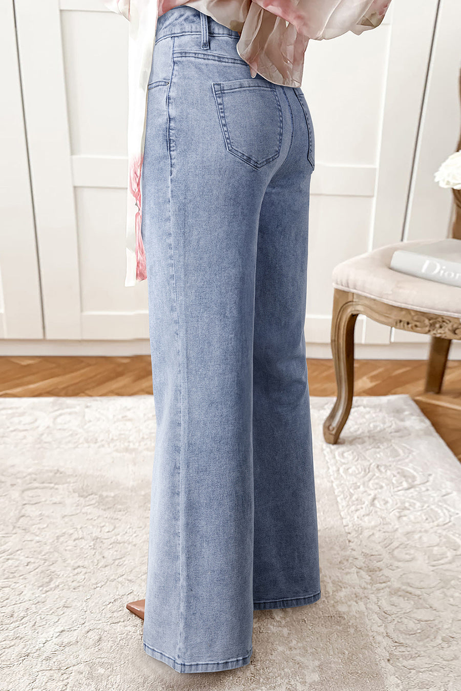 Beau Blue Button Zip High-Waist Flared Hem Jeans