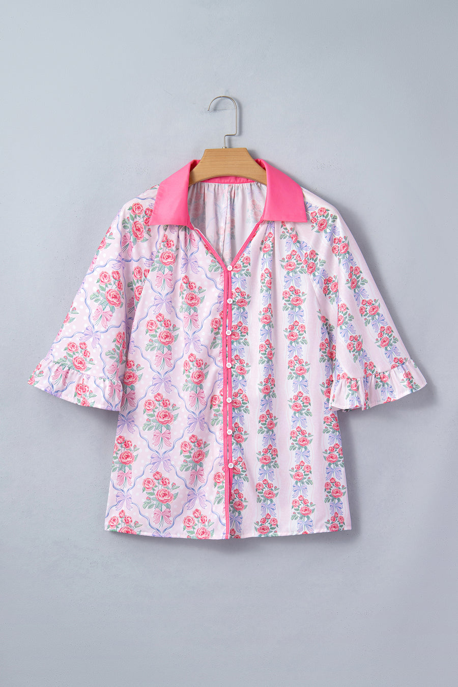 Bright Pink Bow Bouquets Collared Ruffled Short Sleeve Button-Up Blouse