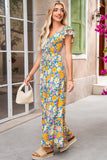 Yellow Floral Print Shirred Cut-Out High-Waist Jumpsuit