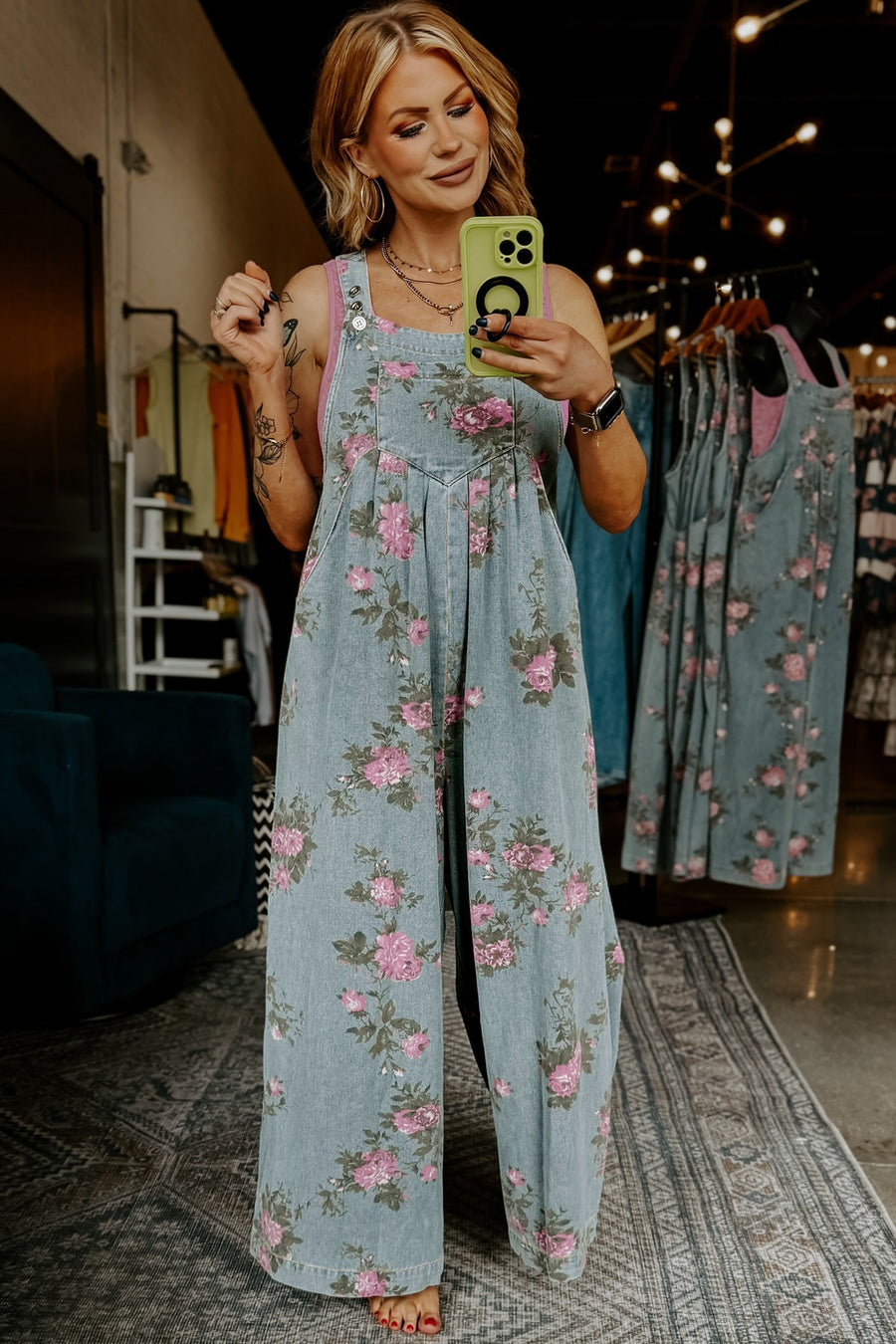 Floral Print Pleated High-Waist Wide Leg Denim Overalls- 3 Colors