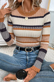 Brown Multi Striped Chevron Pattern Knit Ribbed Trim Slim Fit Sweater