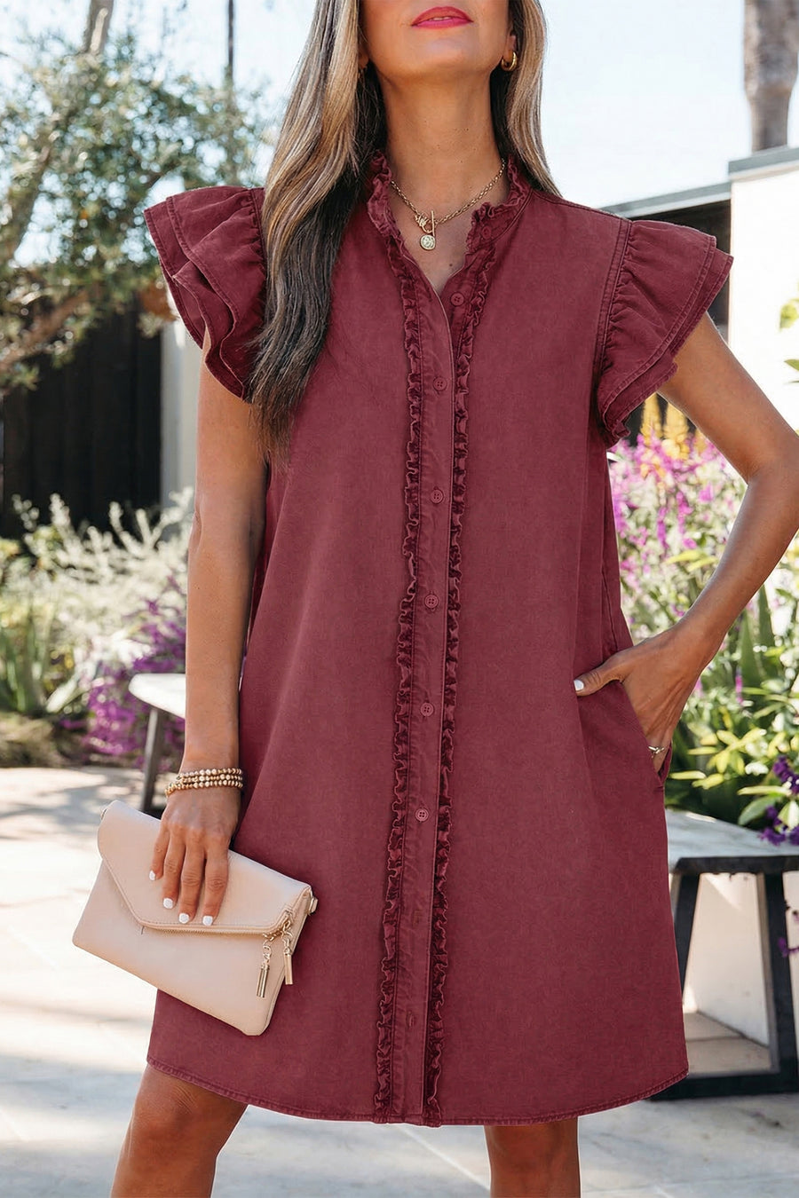 Frill Neck Button-Up Ruffled Short Sleeve Denim Mini Dress- 2 Colors