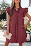 Frill Neck Button-Up Ruffled Short Sleeve Denim Mini Dress- 2 Colors