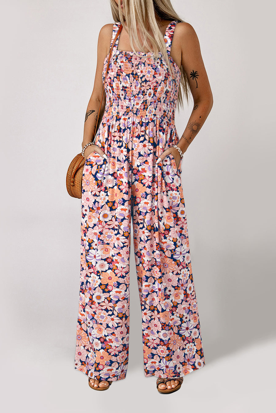 Floral Square Neck Stretch High-Waist Jumpsuit- 3 Colors
