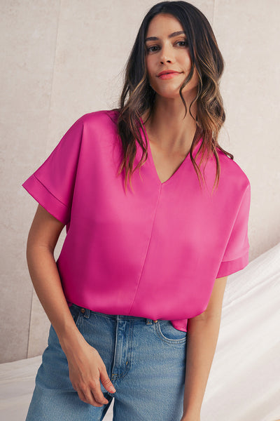 Bright Pink V-Neck Dolman Sleeve Loose Top