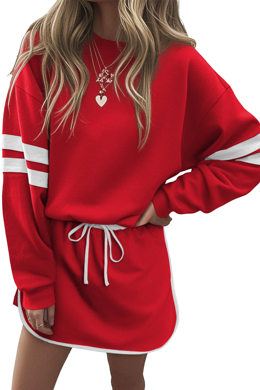 Varsity Striped Drop Shoulder Pullover Sweatshirt & Mini Skort Set- 6 Colors