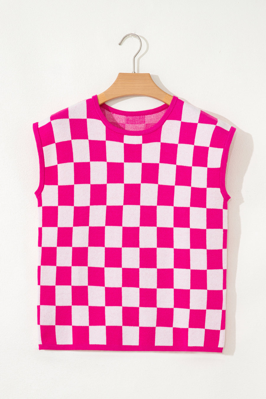 Fuchsia Checkered Pattern Cap Sleeve Knit Top