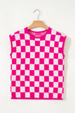 Fuchsia Checkered Pattern Cap Sleeve Knit Top