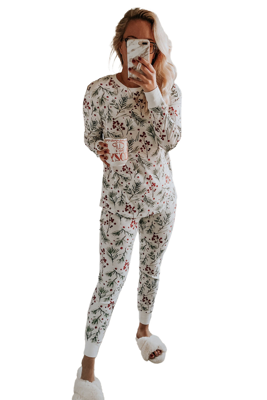 White Holly Print Christmas Long Sleeve Pajama Set