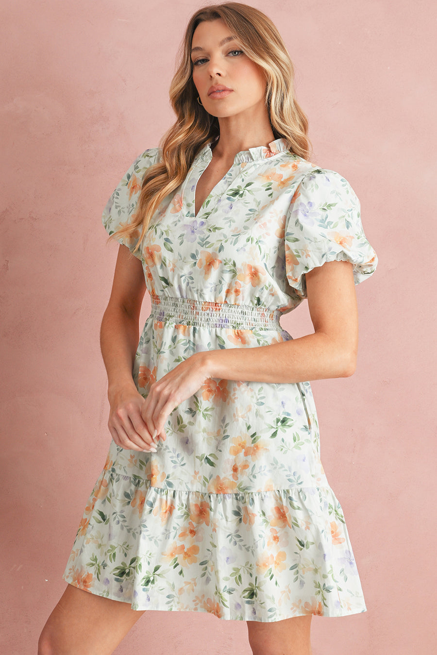 Orange Floral Print Smocked High Waist Puff Sleeve Mini Dress