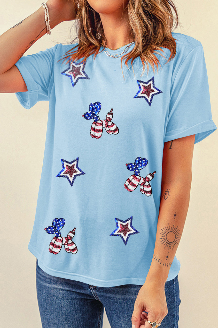Light Blue American Stars & Coquette Dog Sequined Crew Neck Graphic T-Shirt