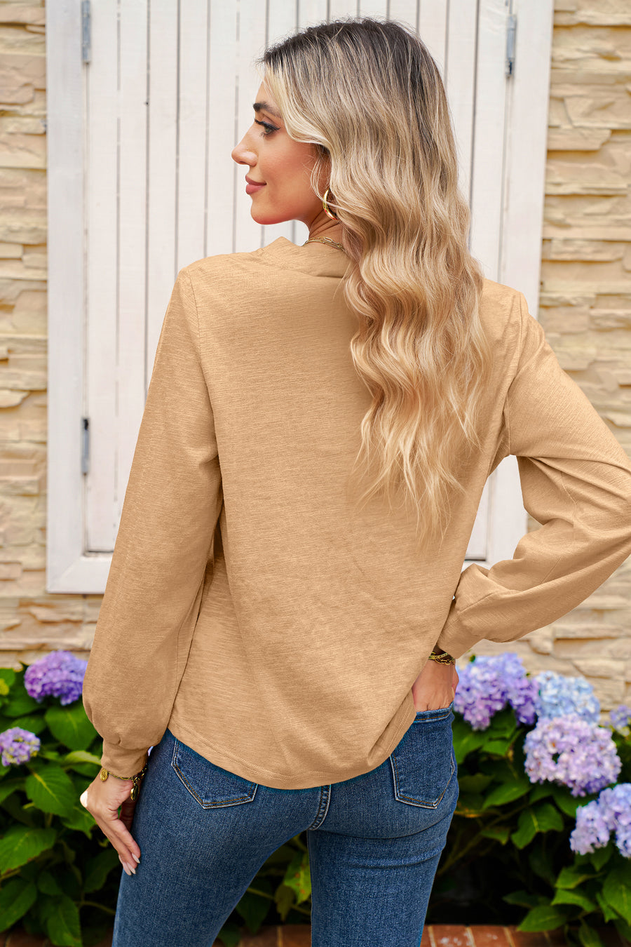 Button-Up V-Neck Long Sleeve Top- 3 Colors