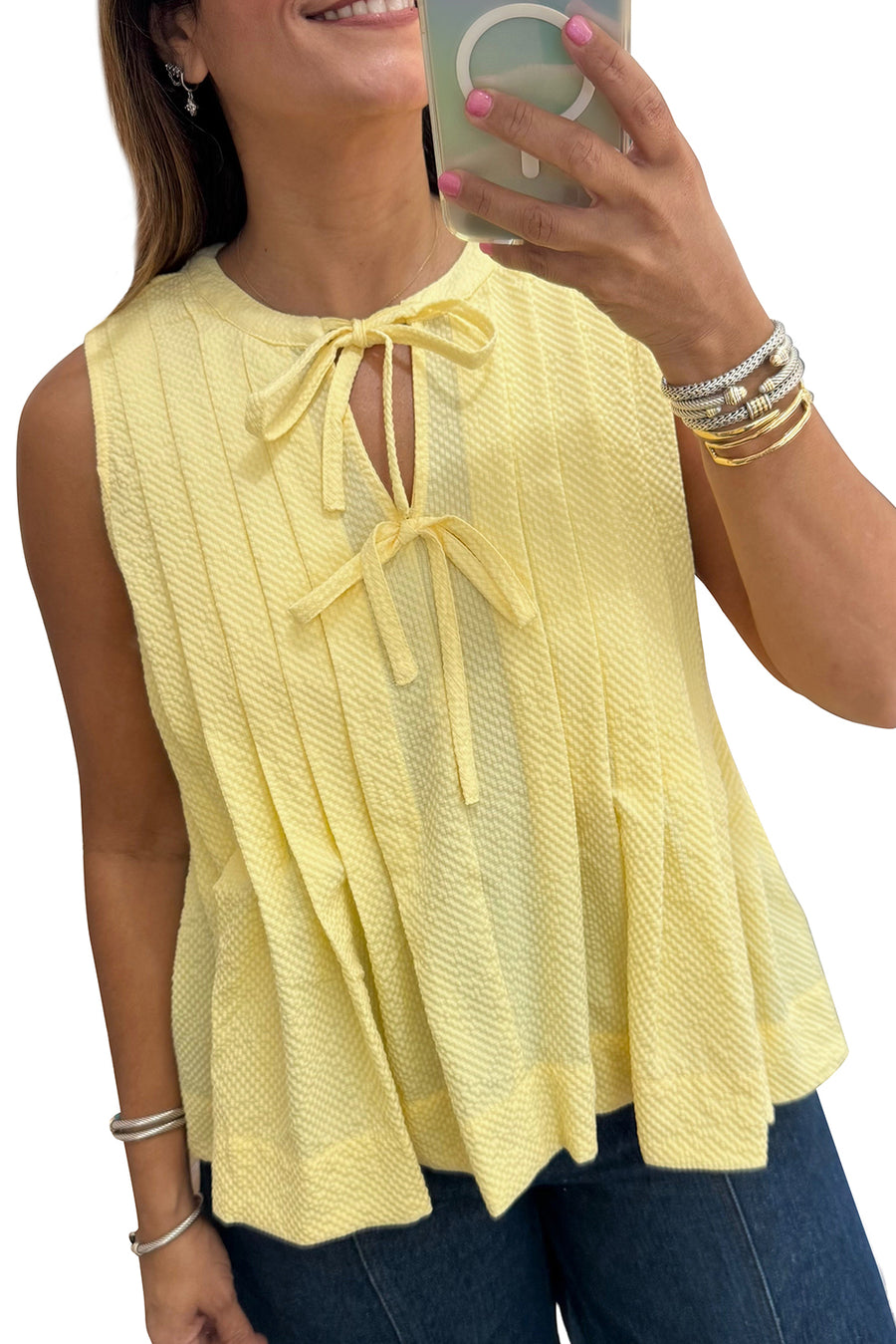Butter Yellow Waffle Textured Tie Front Notched Neck Pleated Sleeveless Blouse