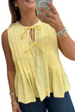 Butter Yellow Waffle Textured Tie Front Notched Neck Pleated Sleeveless Blouse